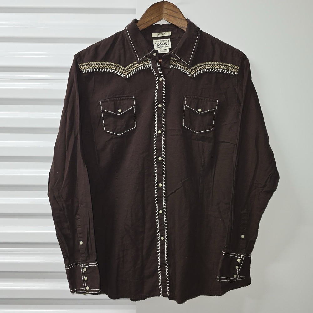 Ariat Fitted Western Snap Shirt Womens XXL Brown Embroidered Cotton Cowboy